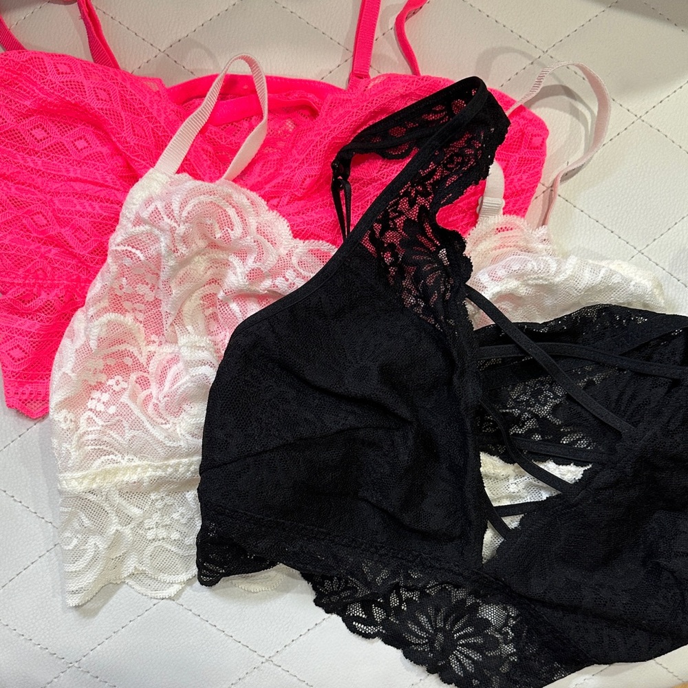 PINK Victoria's Secret Lace Bralette Trio - Neon Pink, White, Black